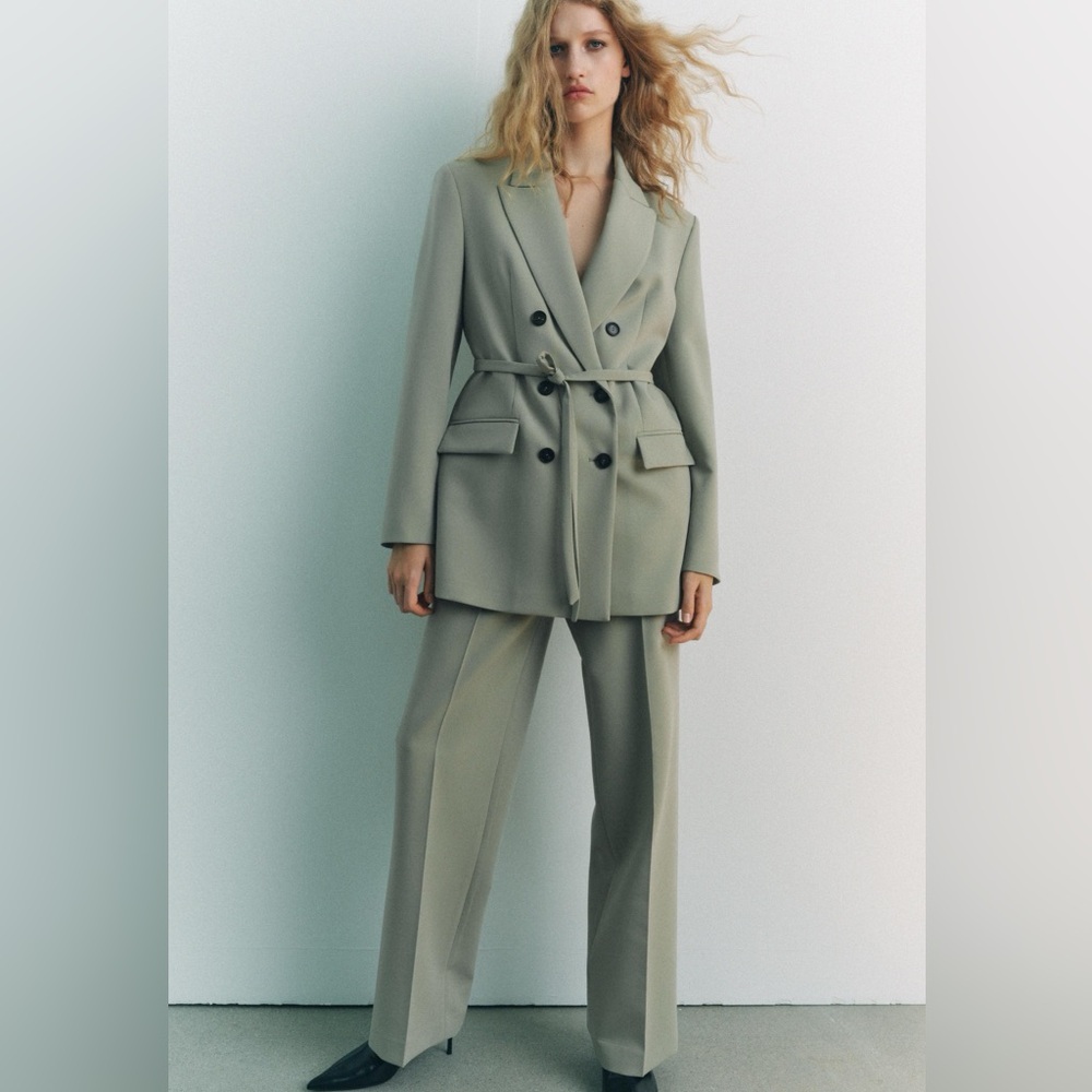 Mint green blazer suit set with matching pants